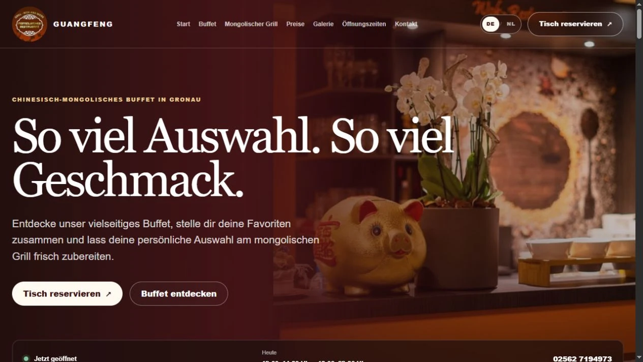 Screenshot der Website Guangfeng mit weinrotem Einstieg und Restaurantaufnahme