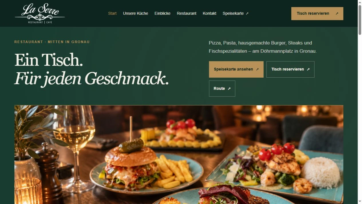 Screenshot der Website La Serre mit grünem Hintergrund und großer Serifenschrift