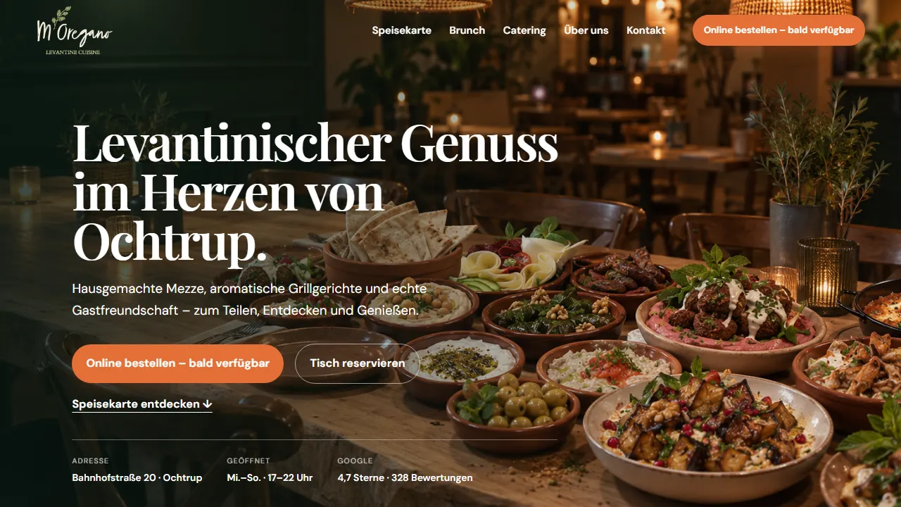 Screenshot der M’Oregano Website mit levantinischen Speisen