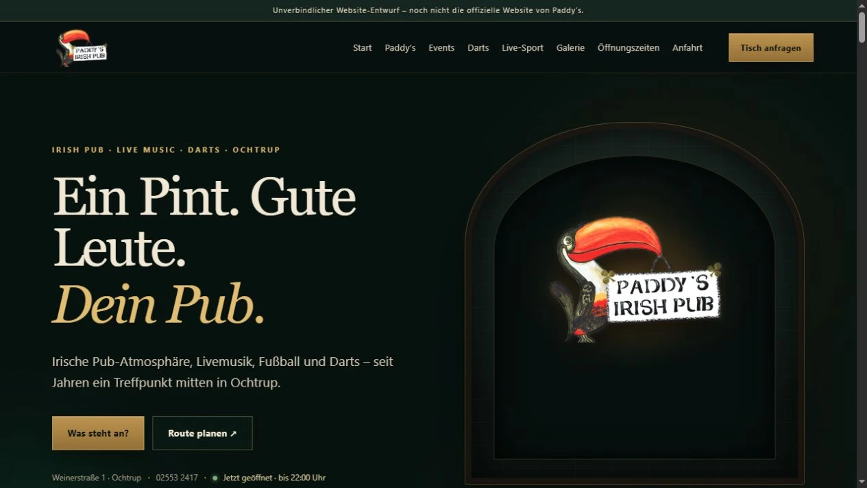 Screenshot der Website Paddy’s mit dunklem Grün und dem originalen Pub-Logo